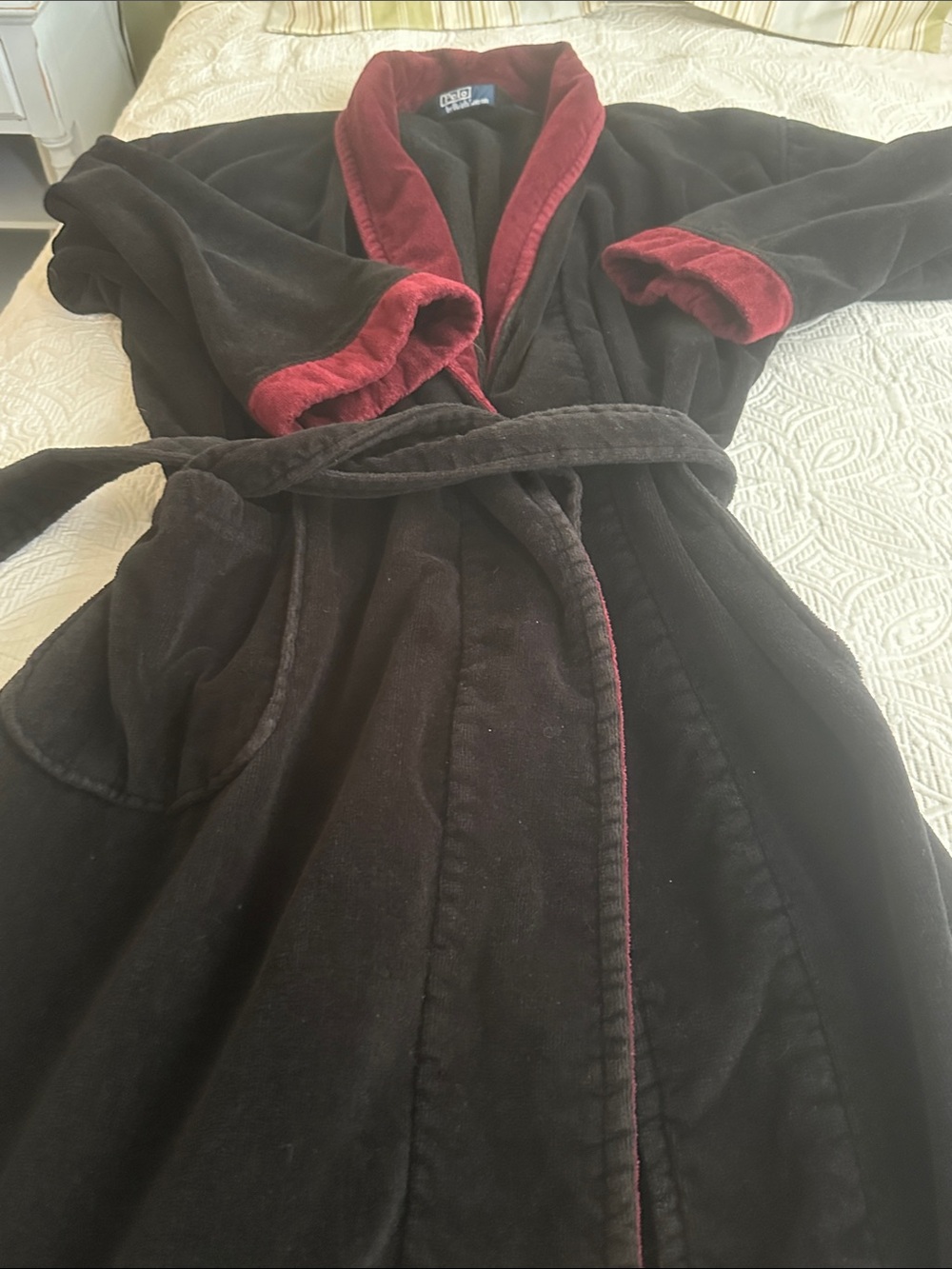 Polo by Ralph Lauren Black Men's Robe with Burgundy Trim
